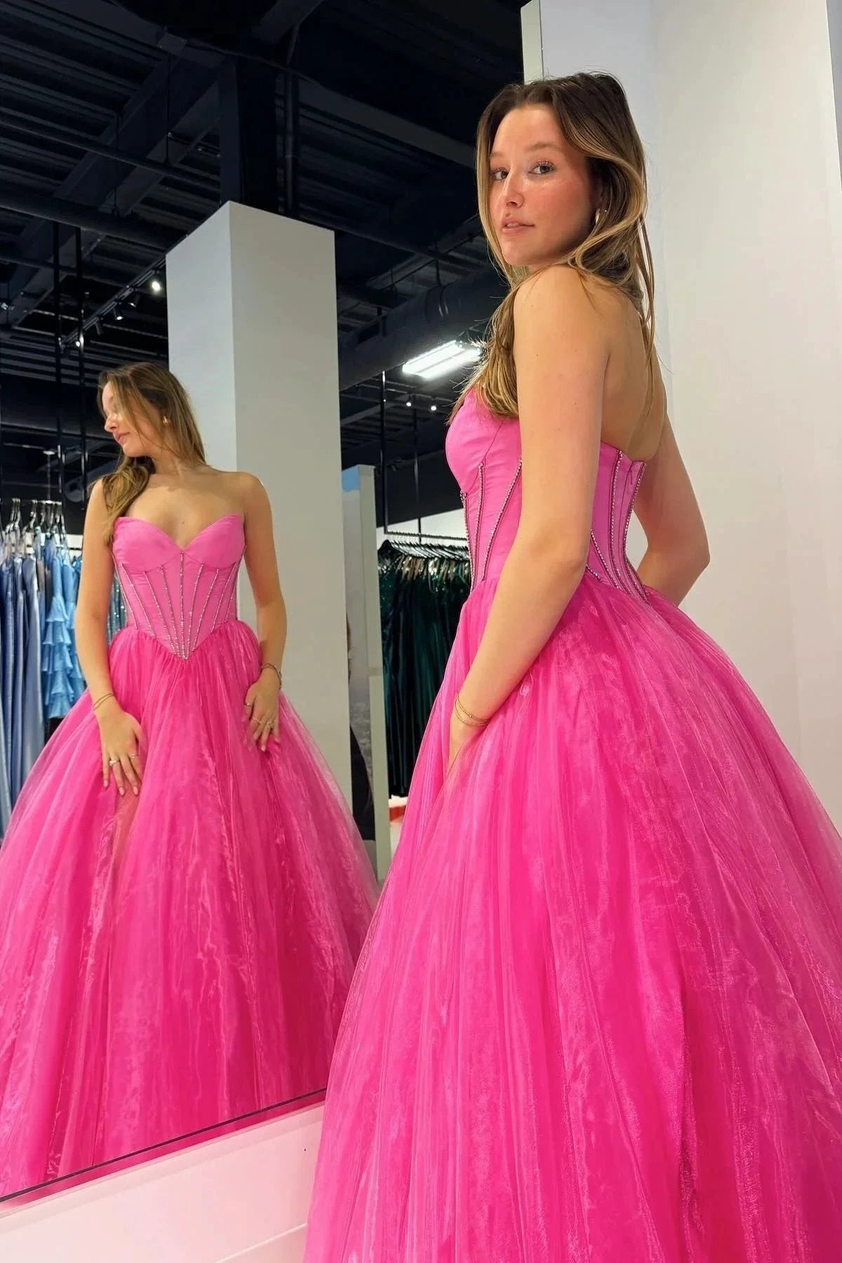 Strapless Beaded Ball Gown with Slit in Hot Pink by KissProm