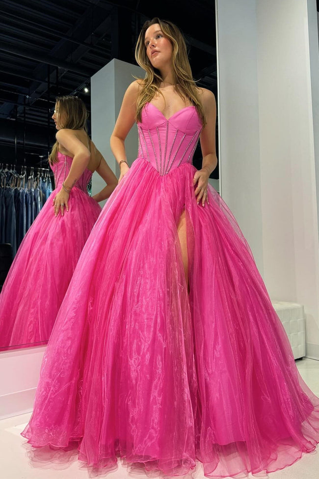 Strapless Beaded Ball Gown with Slit in Hot Pink Main Image