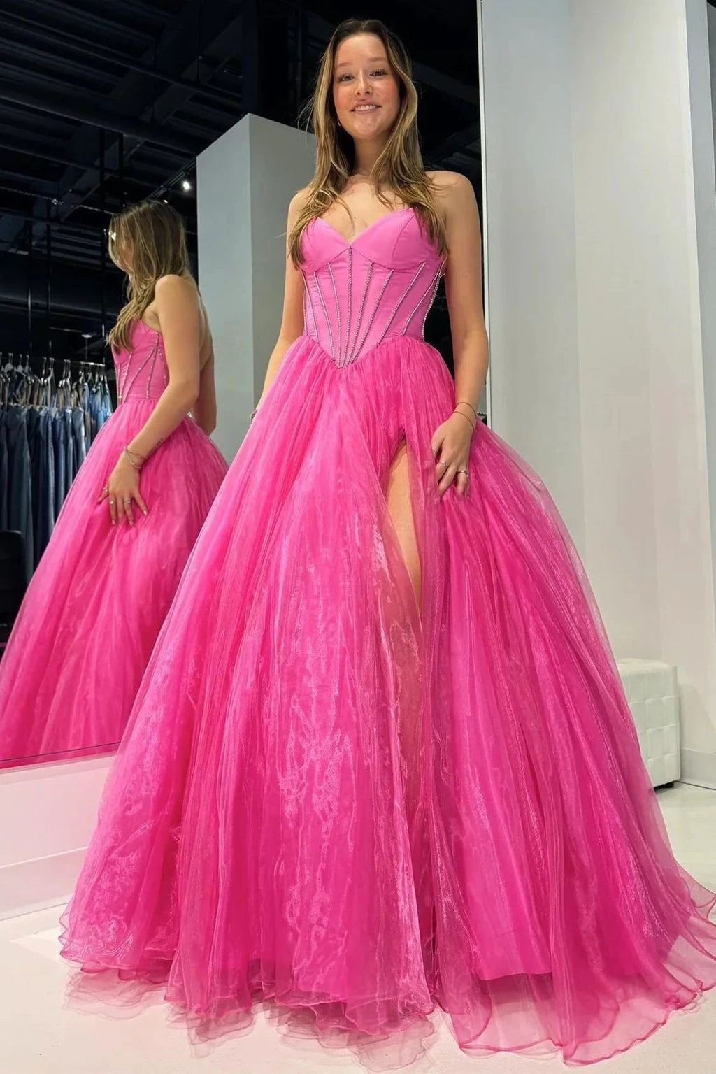 Strapless Beaded Ball Gown with Slit in Hot Pink by KissProm