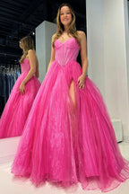 Strapless Beaded Ball Gown with Slit in Hot Pink by KissProm