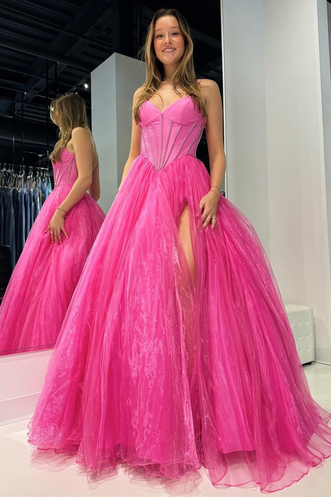 Strapless Beaded Ball Gown with Slit in Hot Pink Hover Image