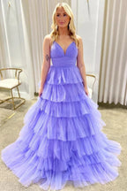 Lavender V-Neck Ruffle Tiered Long Prom Gown by KissProm
