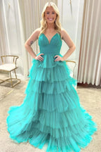 Lavender V-Neck Ruffle Tiered Long Prom Gown by KissProm