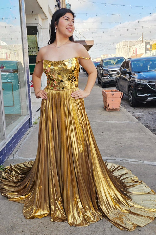 Yesenia | Metallic Off-the-Shoulder Pleated Prom Dress with Broken Mirrors Main Image