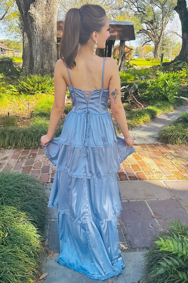 Periwinkle Corset Multi-Layer Ruffle Long Prom Dress Main Image