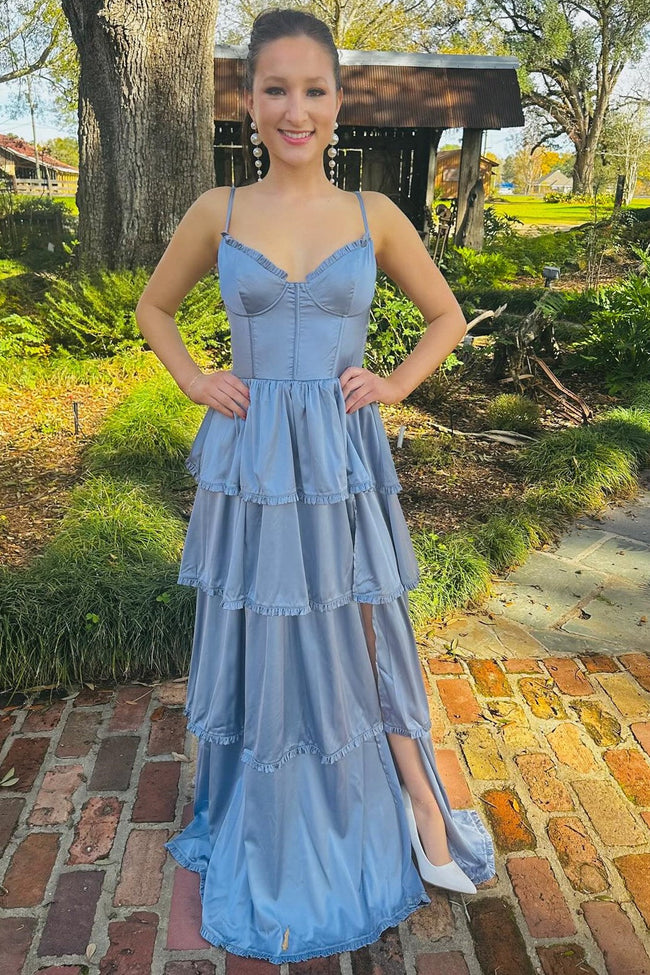 Periwinkle Corset Multi-Layer Ruffle Long Prom Dress Hover Image