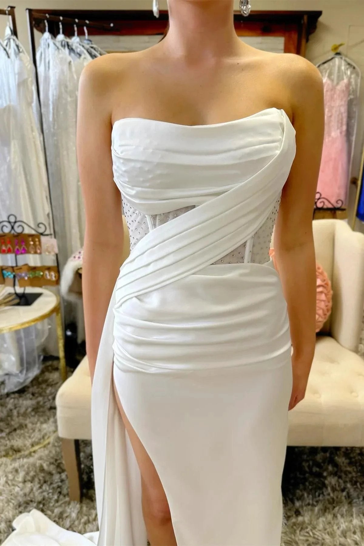 Strapless Beaded Ruched Maxi Dress with Attached Train by KissProm