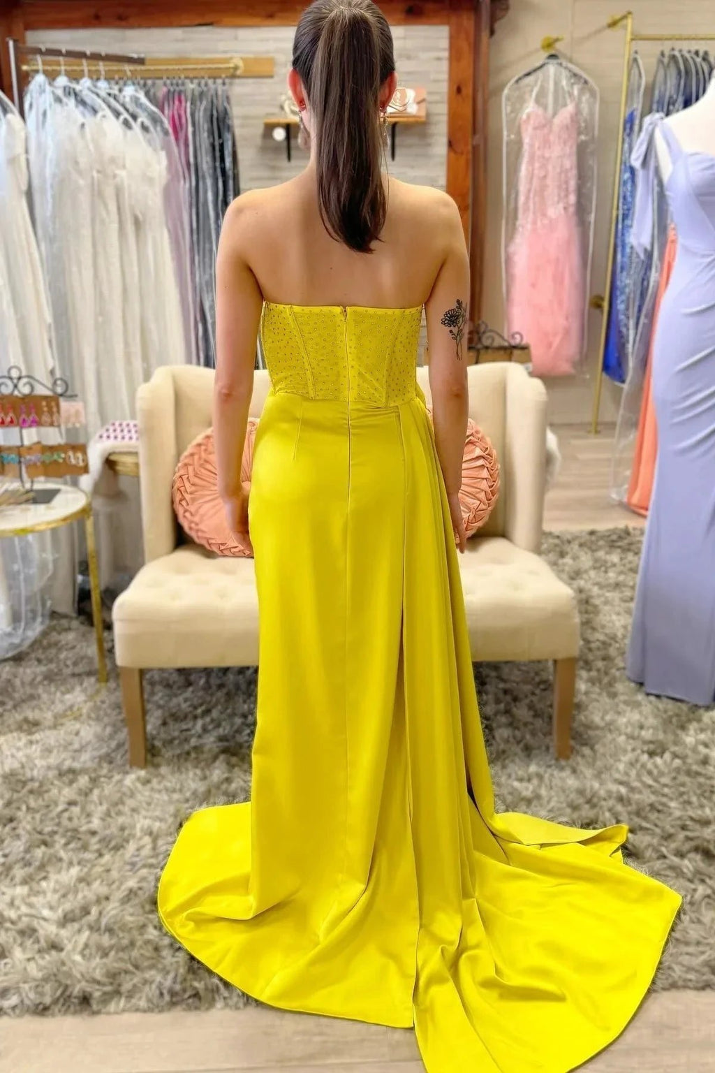 Strapless Beaded Ruched Maxi Dress with Attached Train by KissProm