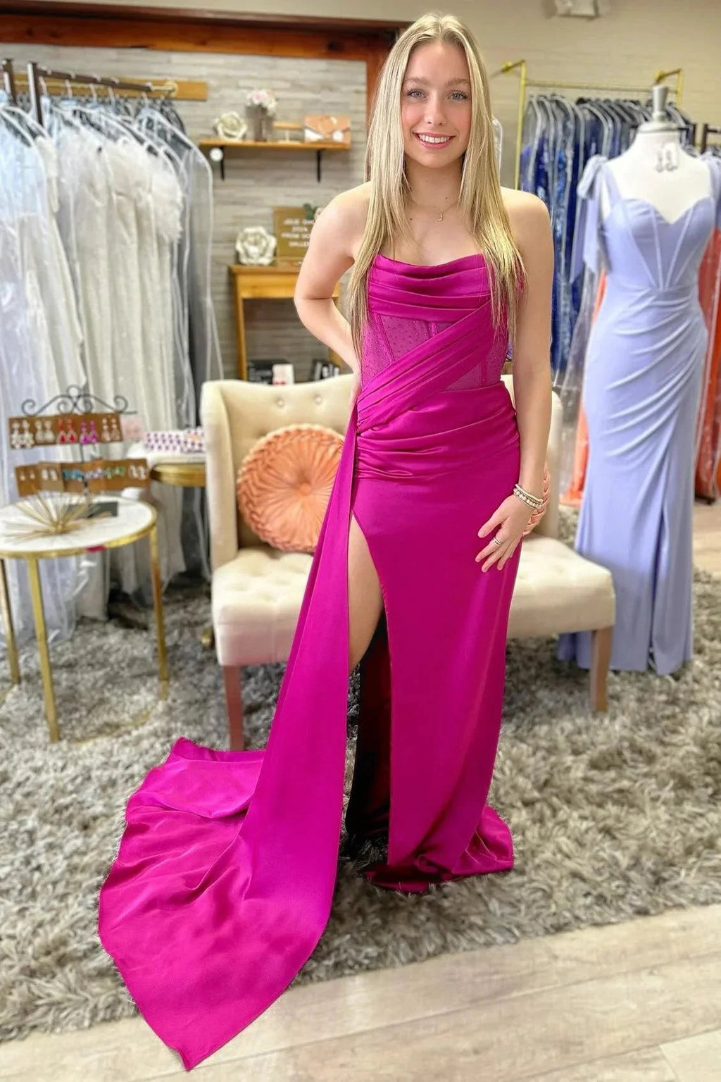 Strapless Beaded Ruched Maxi Dress with Attached Train by KissProm