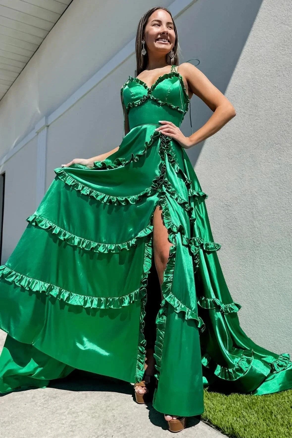A-Line Green V-Neck Backless Ruffle Prom Dresses with Slit by KissProm