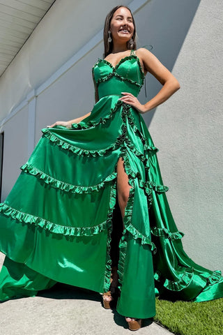 A-Linie Grünes rückenfreies Ballkleid mit Rüschen und V-Ausschnitt und Schlitz
