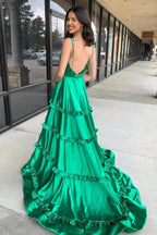 A-Line Green V-Neck Backless Ruffle Prom Dresses with Slit by KissProm
