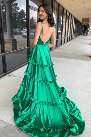 A-Linie Grünes rückenfreies Ballkleid mit Rüschen und V-Ausschnitt und Schlitz