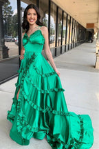 A-Line Green V-Neck Backless Ruffle Prom Dresses with Slit by KissProm