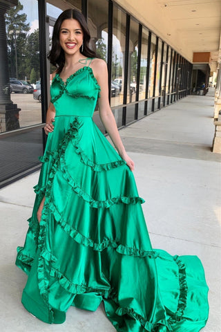 A-Linie Grünes rückenfreies Ballkleid mit Rüschen und V-Ausschnitt und Schlitz
