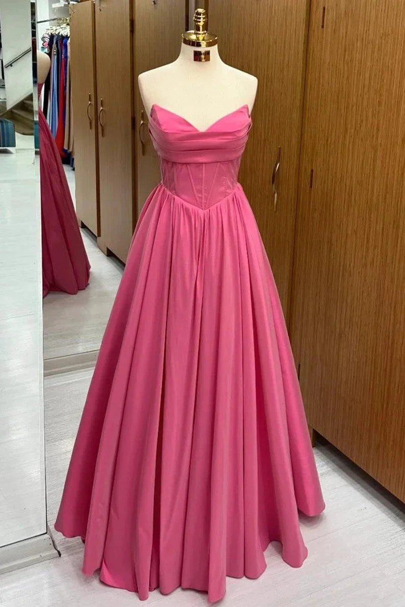 Hot Pink Strapless Lace-Up A-Line Long Formal Dress by KissProm