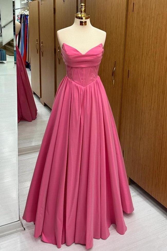 Hot Pink Strapless Lace-Up A-Line Long Formal Dress Hover Image