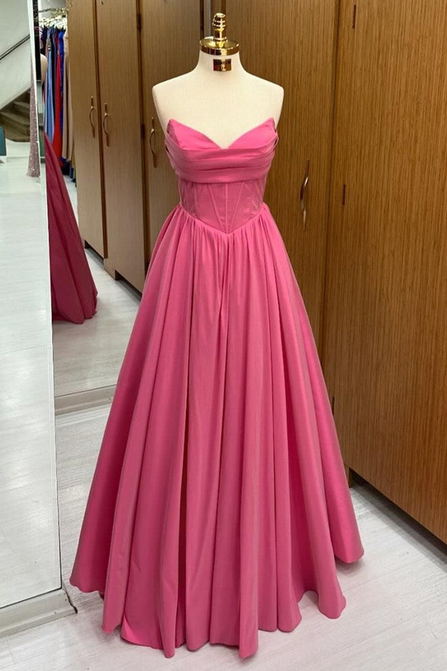 Hot Pink Strapless Lace-Up A-Line Long Formal Dress Main Image