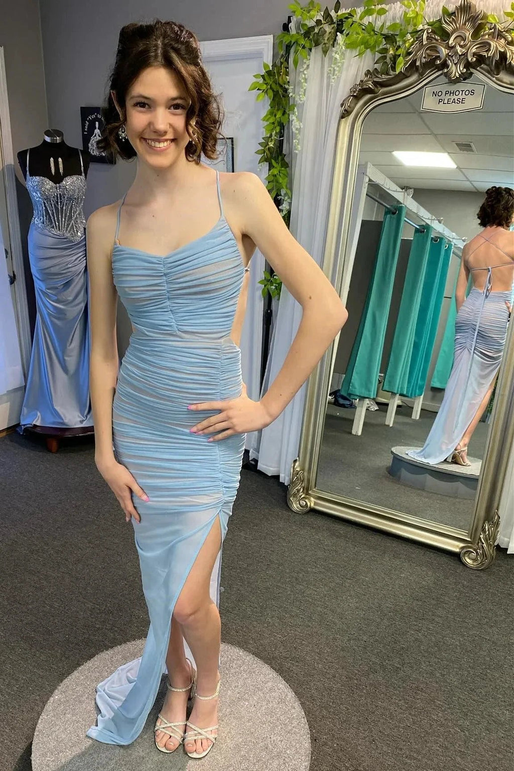 Montana | Lace-Up Back Mermaid Ruched Maxi Dress with Slit in Light Blue by KissProm