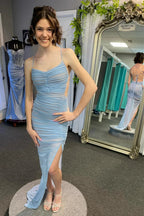 Montana | Lace-Up Back Mermaid Ruched Maxi Dress with Slit in Light Blue by KissProm