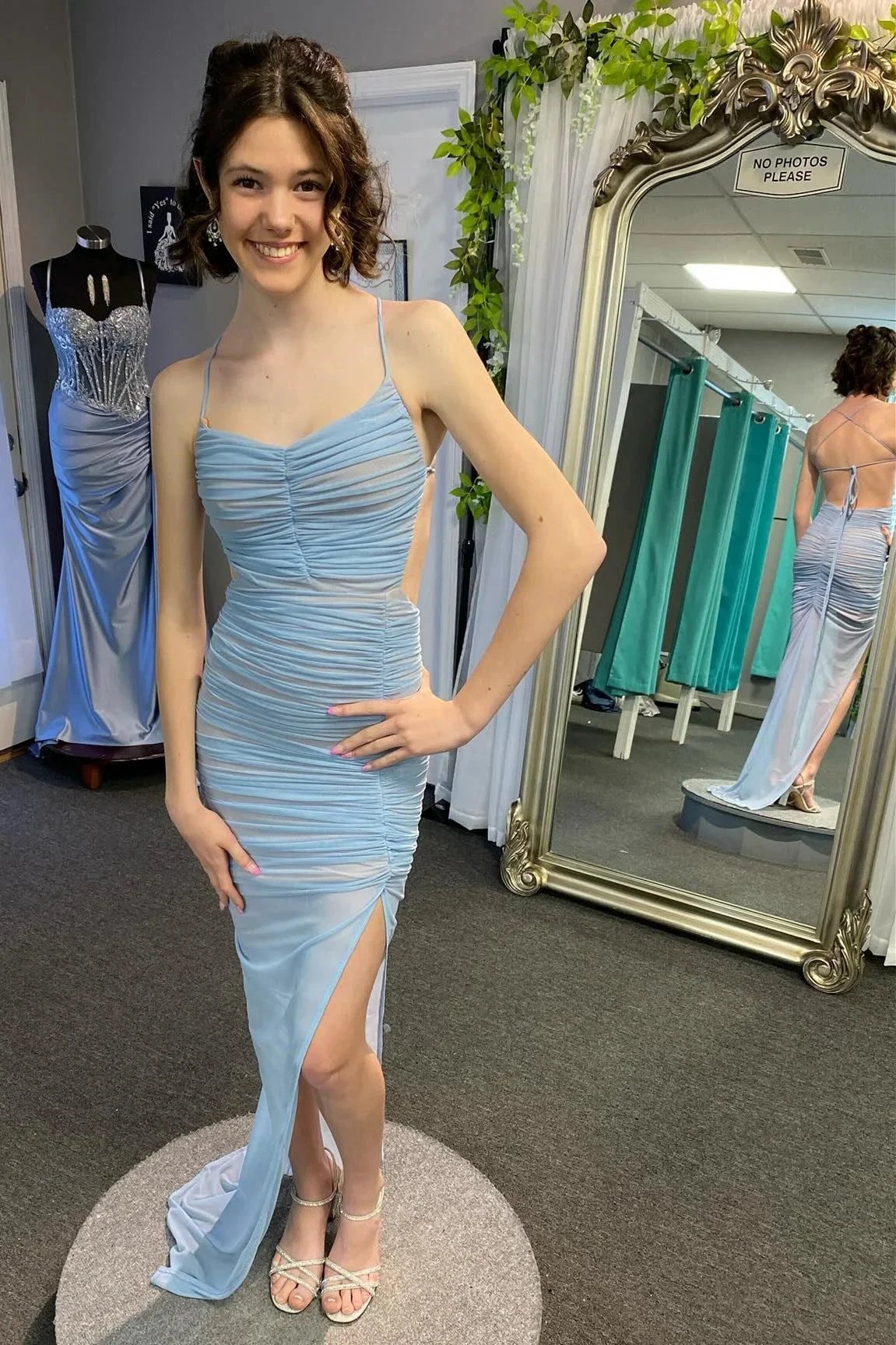 Montana | Lace-Up Back Mermaid Ruched Maxi Dress with Slit in Light Blue by KissProm