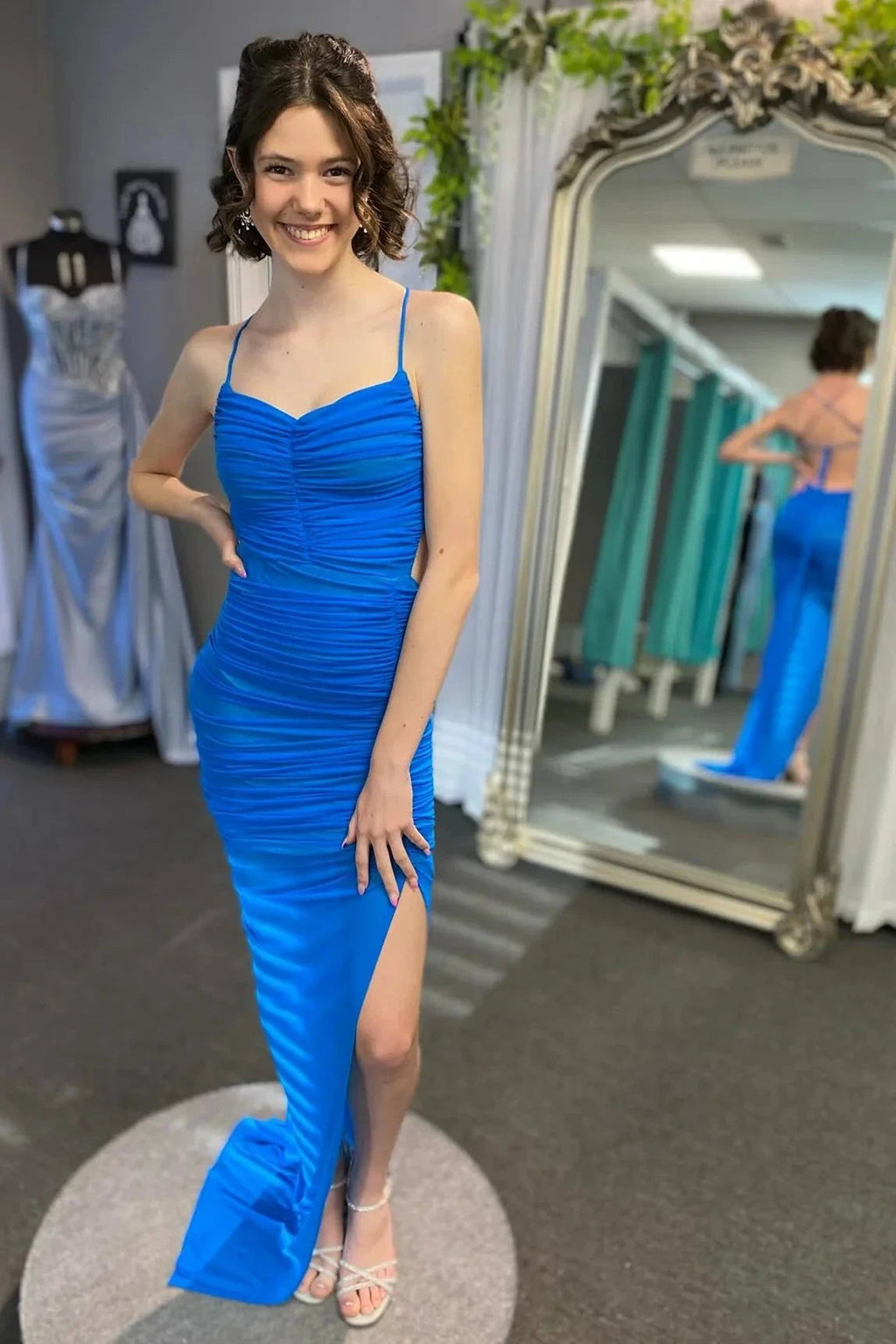 Montana | Lace-Up Back Mermaid Ruched Maxi Dress with Slit in Light Blue by KissProm