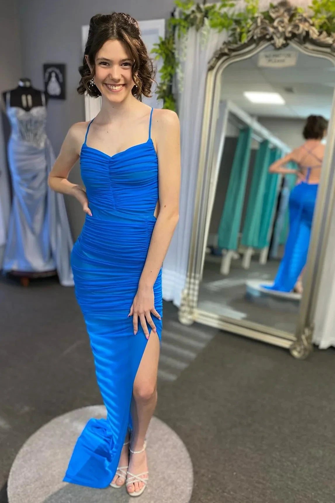 Montana | Lace-Up Back Mermaid Ruched Maxi Dress with Slit in Light Blue by KissProm