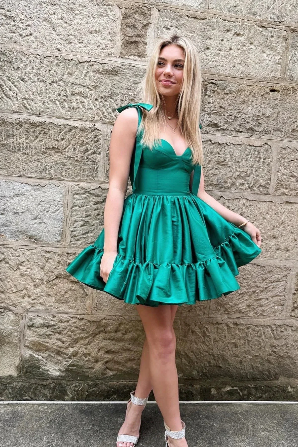 Cute Tie Straps Green Corset Ruffle Short Homecoming Dress Y2724 by simplepromdress