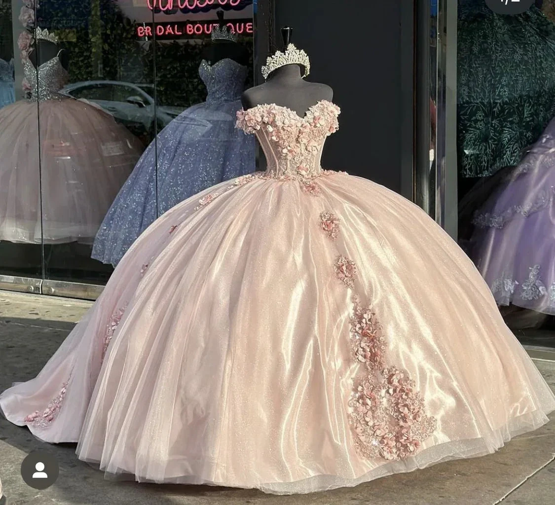 Shiny Pink Quinceanera Dress Ball Gown Applique Party Gowns Sweet 16 Dress Y2567 by simplepromdress