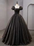 Elegant black glitter ball gown with puff sleeves on mannequin, ZAPDRESS fashion