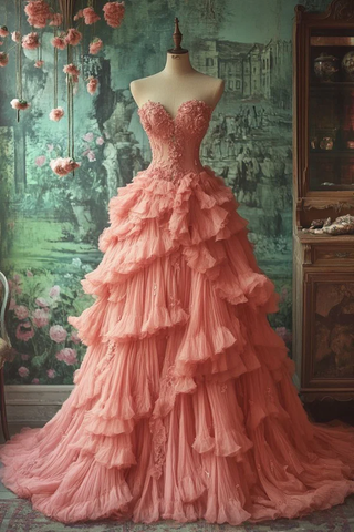 Hermoso vestido de fiesta plisado con volantes y apliques de tul rosa, vestido de fiesta de varias capas en forma de A Y8038
