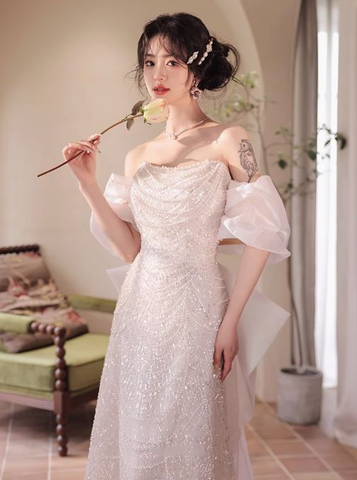 Pink A-Line Off-Shoulder Tulle Sequins Beaded Long Prom Dress Formal Evening Dress Y8050