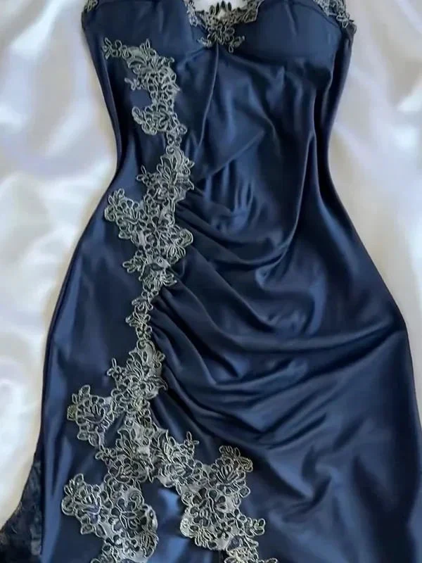 Vintage Navy Blue Satin Lace Appliques Mermaid Evening Dress Prom Dress Y8497 by simplepromdress