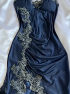 Vintage Navy Blue Satin Lace Appliques Mermaid Evening Dress Prom Dress Y8497 by simplepromdress