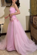Sweet Pink Strapless Bow-Knot Long Prom Dress,Tulle Satin Evening Dress Y8053 by simplepromdress