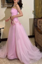 Sweet Pink Strapless Bow-Knot Long Prom Dress,Tulle Satin Evening Dress Y8053 by simplepromdress