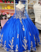 Royal Blue Tulle Ball Gown With Gold Lace Sweet 16 Dress Y530 by simplepromdress