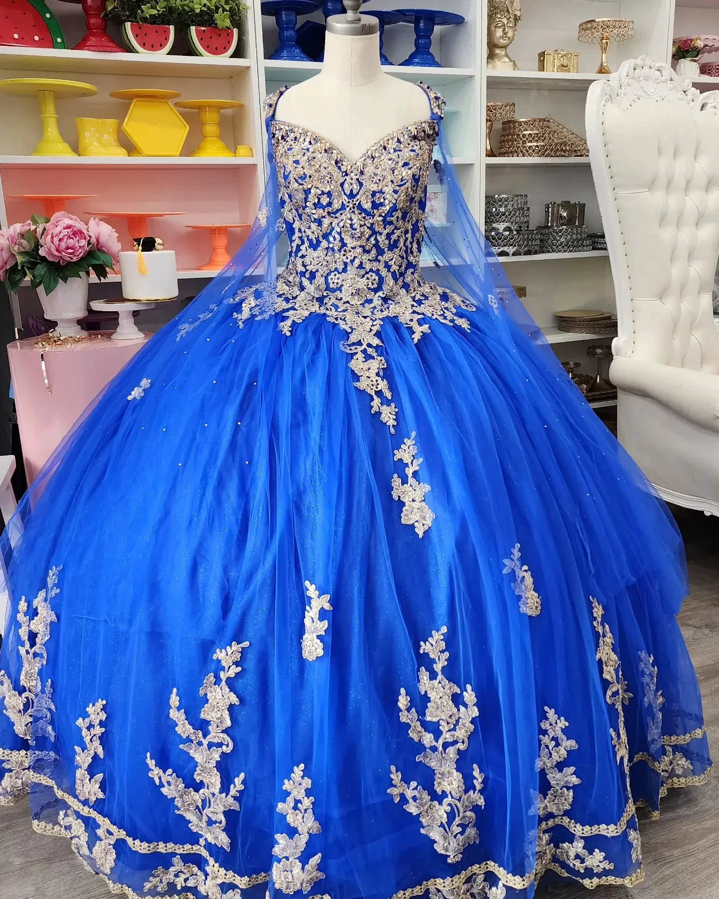 Royal Blue Tulle Ball Gown With Gold Lace Sweet 16 Dress Y530 by simplepromdress
