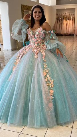 Eisblaues Quinceanera-Kleid mit 3D-Blumen, schickes Ballkleid Y2990