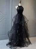 High Neckline Black Halter Shiny Tulle And Sequins Evening Dress, Black Tulle Prom Dress Y1864 by simplepromdress