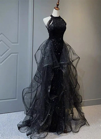 High Neckline Black Halter Shiny Tulle And Sequins Evening Dress, Black Tulle Prom Dress Y1864