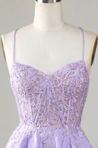 Purple Corset A-Line Satin Short Homecoming Dress With Lace Y3066 by simplepromdress