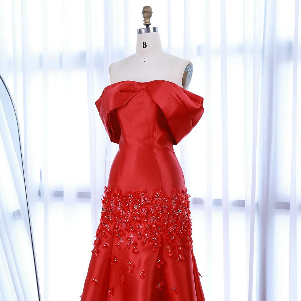 Zapdress Customized Elegant Red Off-Shoulder Evening Gowns with Floral Satin Arabic Party Prom Dress for Women (ZD17365)