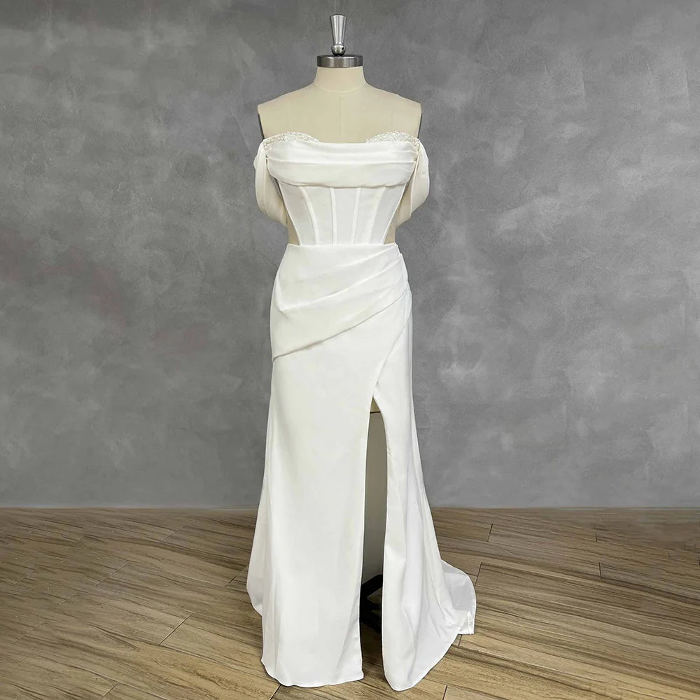 Off Shoulder Satin Mermaid Wedding Dress Corset Side Cut High Slit Chapel Bridal Gown Custom Made Vestido De Novia Robe De Novia