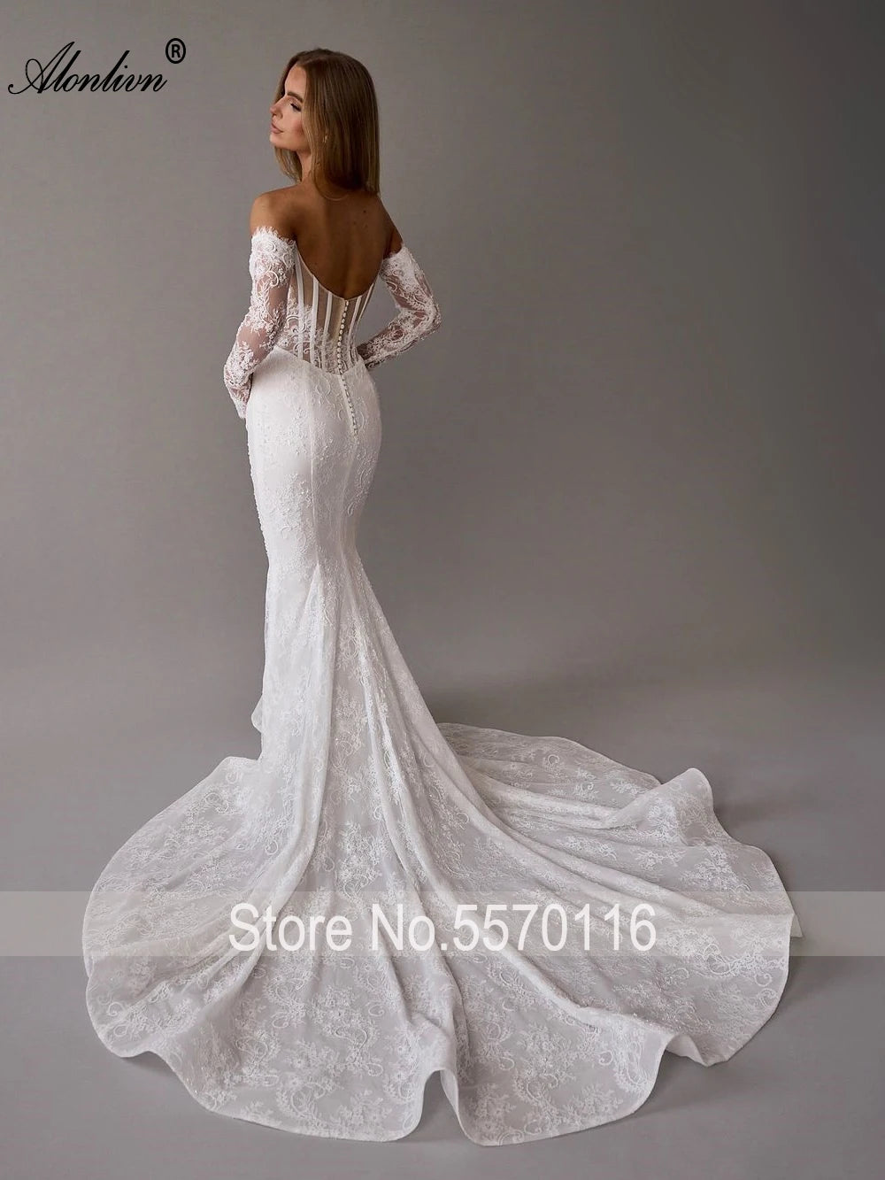 Alonlivn Customize Made Beauty Lace Fitted Beaded 2 In 1 Mermaid Wedding Gowns Trumpet Removable Train Bridal Gowns