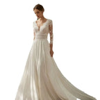 Latest Summer Boho Wedding Dresses Lace Beach Bridal Gowns 2024 Bride Dress V Neckline Wedding Gowns 3/4 Sleeves Illusion Back