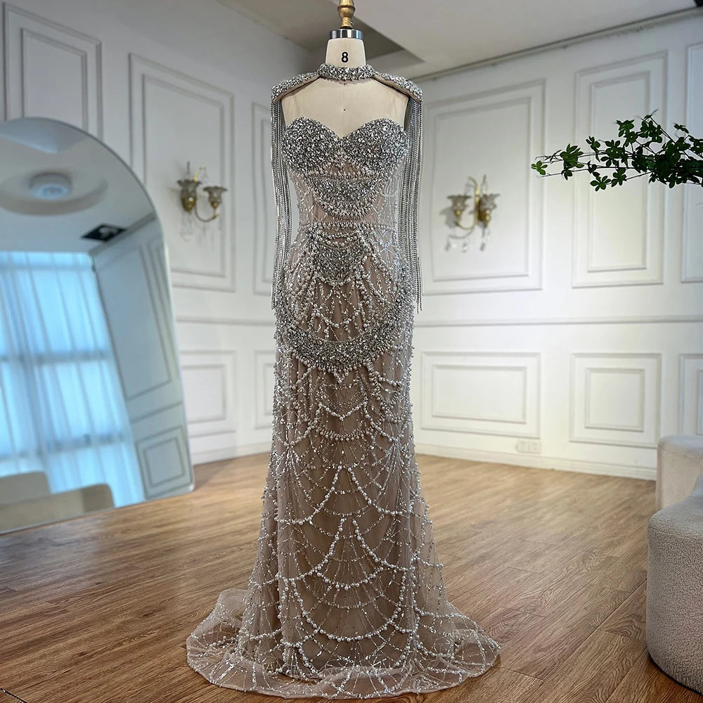 Zapdress Nude Strapless Mermaid Pearls Beaded Evening Gowns Luxury Party Dress with Tassel DLA72876 Customized (ZD17335)
