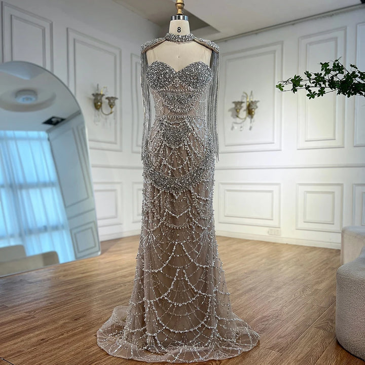 Serene Hill Nude Strapless Mermaid Pearls Beaded Evening Gowns Luxury Party Dress with Tassel DLA72876 Customized