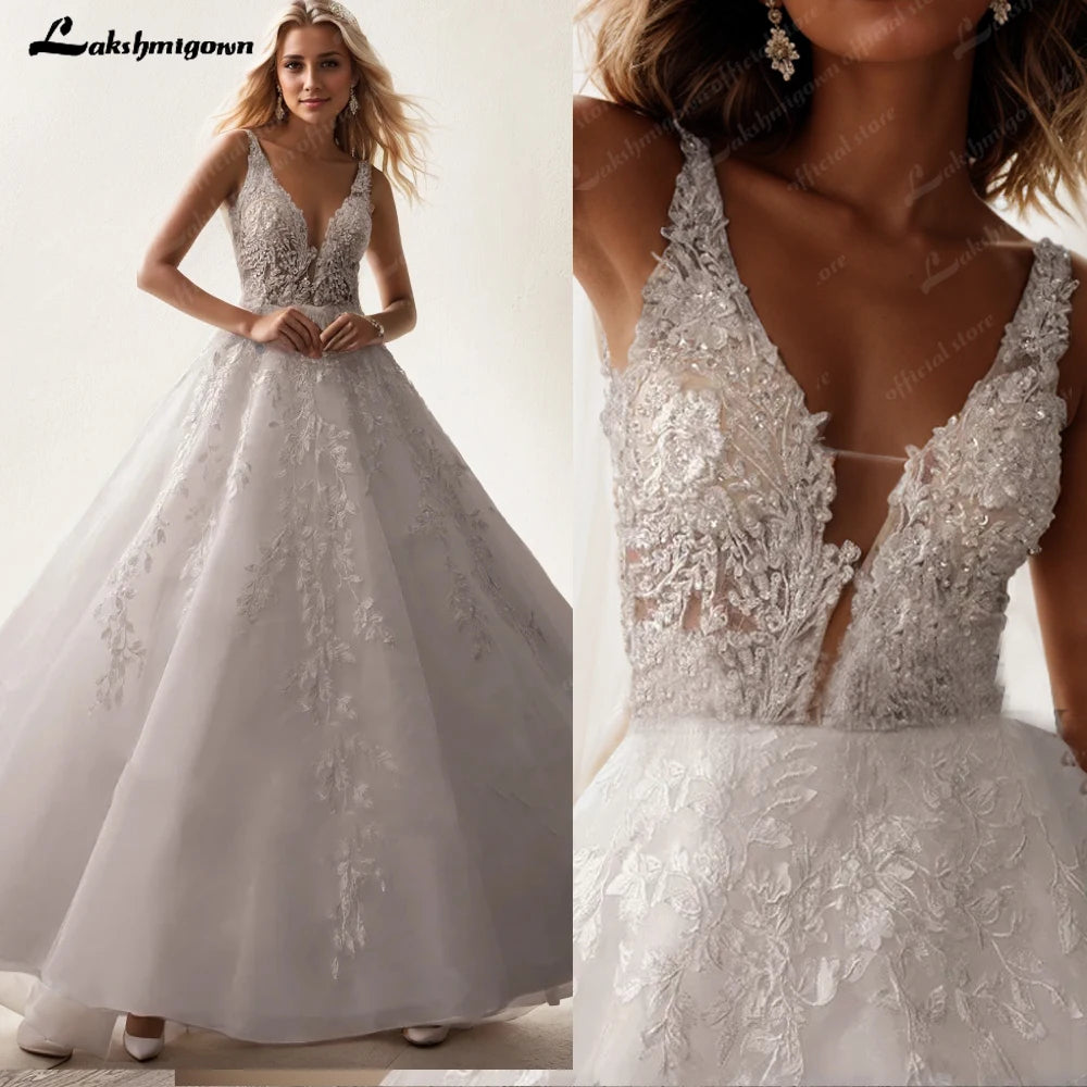 ZapDress V Neck Sleeveless Wedding Dresses For Women Beads A Line Ivory Lace Romantic Bride Boho Bridal Gown Customized