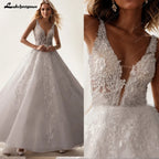 ZapDress V Neck Sleeveless Wedding Dresses For Women Beads A Line Ivory Lace Romantic Bride Boho Bridal Gown Customized